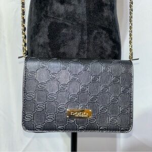 Bebe Black Los Angeles Snap Logo Embossed Crossbody Faux Leather and Chain Bag